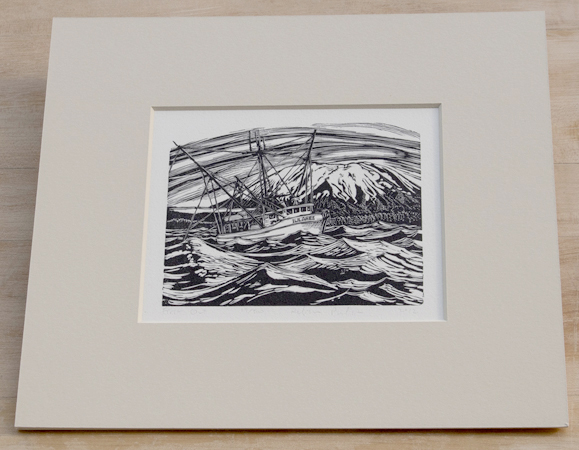 Matted wood engraving print First Out by Rebecca Poulson